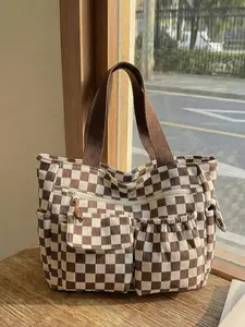 1pc  Women's tote bag, lightweight shoulder bag, stylish and versatile plaid, personalized and trendy, suitable for college students' campus travel, work commuting, shopping, women's tote bag