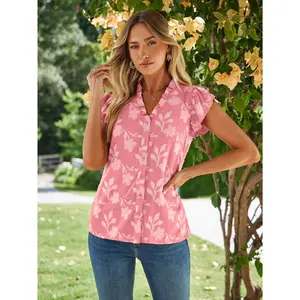 Simplee Floral Jacquard Blouse | Elegant V-Neck Ruffle Sleeve Top | Casual Dressy Beach Vacation Shirt