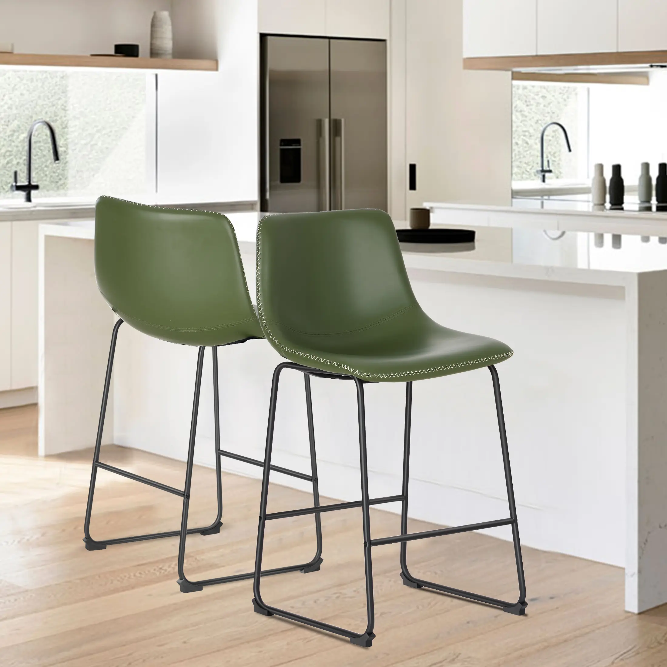 Armless Counter Height Barstools Set - Waterproof PU Leather (Faux Leather) Barstools with Metal Frame Legs, Footrest, Modern Dining Chairs for Kitchen Island, Pu Leather Chair