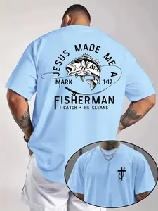 Men's Christian Fishing Pattern Graphic T-Shirt, Jesus Makes Me a Fisherman Design, Casual Round Neck Summer Short Sleeve, Breathable