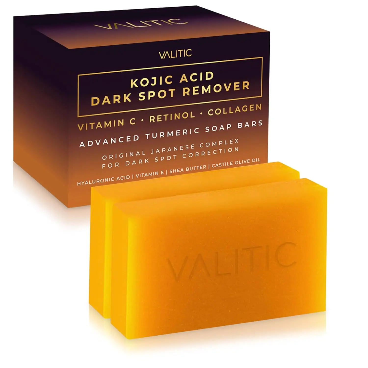 VALITIC Kojic Acid Dark Spot Remover Soap Bars, Turmeric Bar Soaps 2 Pack | Original Face and Body Wash Bath Soap for Women and Men with Vitamin C, Retinol, Collagen, Hyaluronic Acid, Shea, Olive Oil