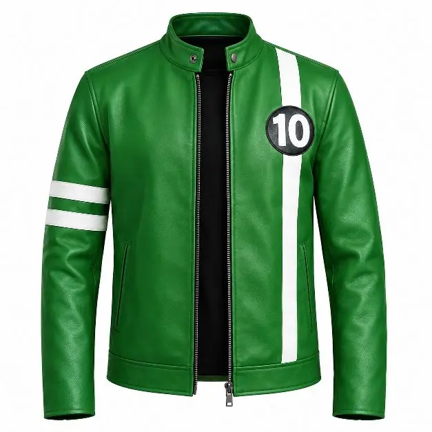 Ben 10 Inspired Green Leather Jacket with White Racing Stripes and Number 10 Patch Men's Biker Moto Costume Jacket