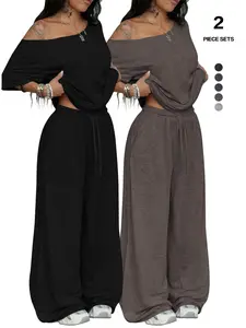 Women's Two-Piece Casual Set, Loose-Fitting Off-The-Shoulder Top & High-Waisted Wide-Leg Pants, Stylish Sportswear for Everyday Wear