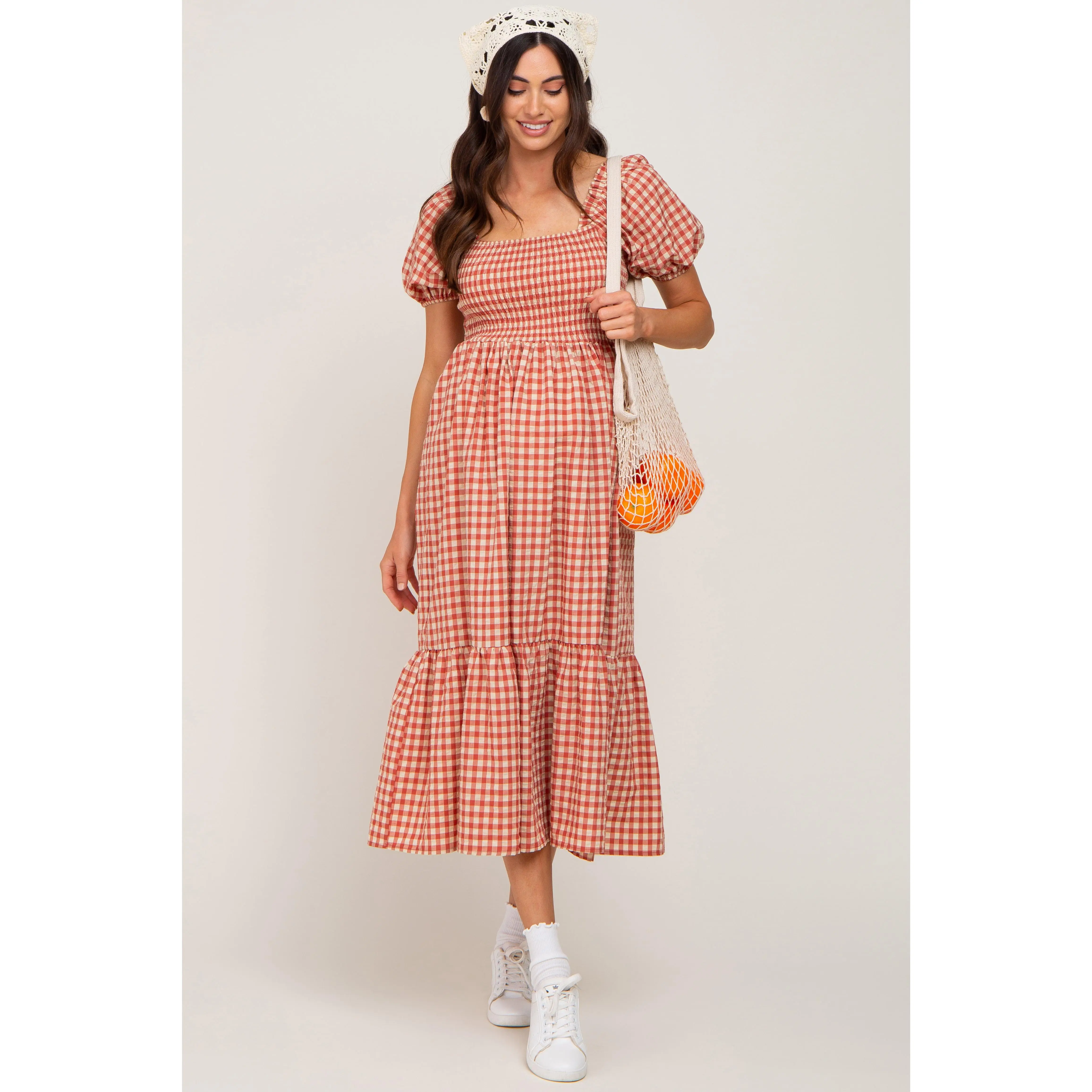 Rust Gingham Smocked Maternity Midi Dress - TikTok Shop