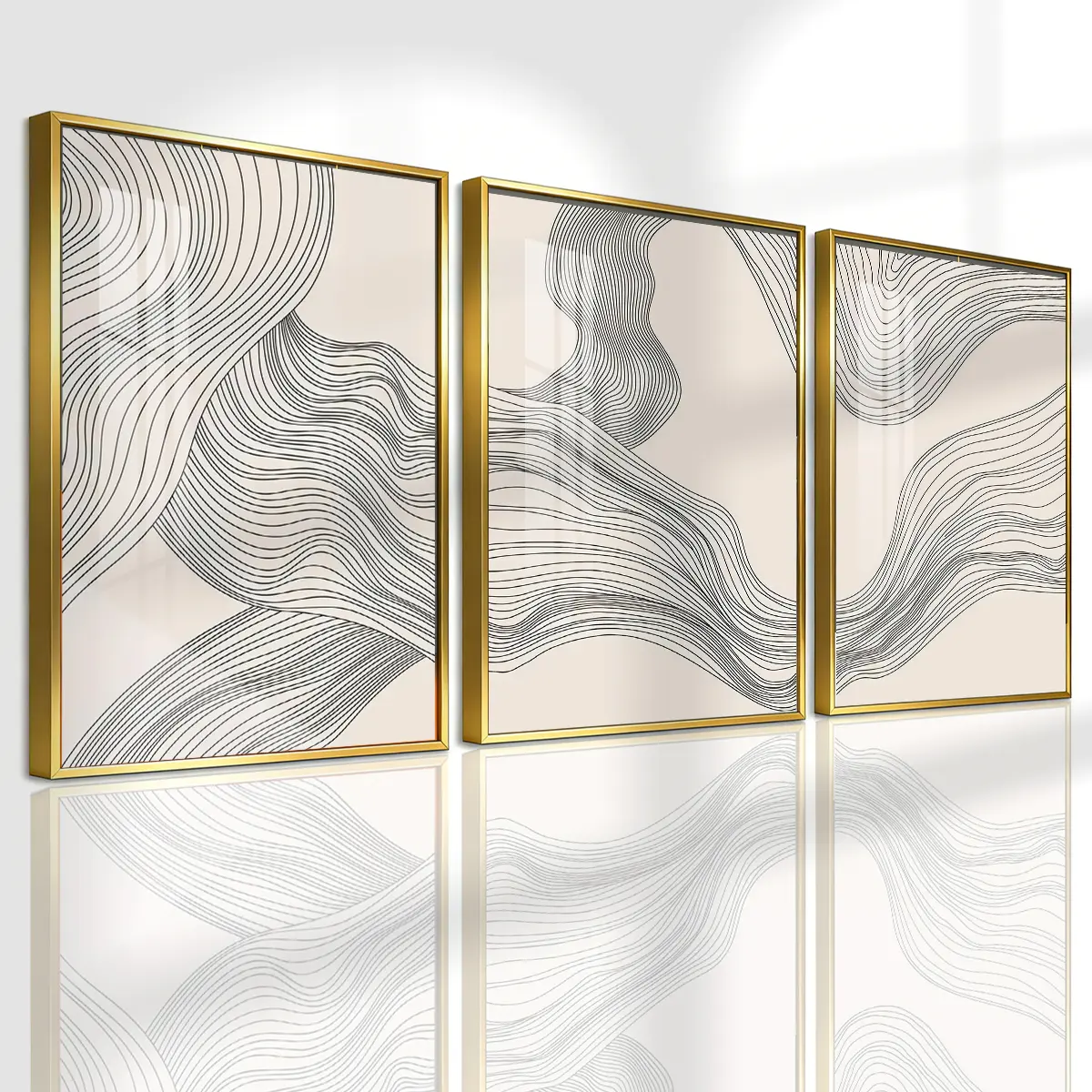 3 Counts Aluminum Alloy Framed Painting, Abstract Line Art Minimalist Waves, Home Decoration For Living Room, Bedroom, Office, Restaurant, Hallway Wall Decor, Odorless Print Artwork, Luxury Perfect Gift For Friends And Family