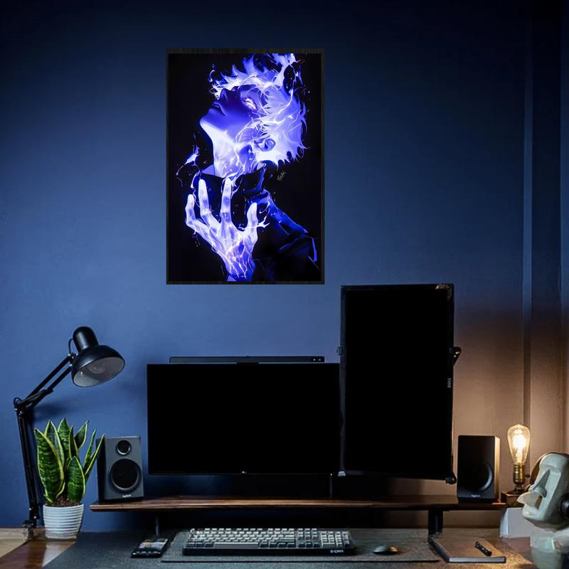 Gojo Satoru Poster from Jujutsu Kaisen, neon blue fire aura with glowing hand pose, intense power-up expression and sleek black background, printed on sharp pattern high quality cardboard, anime fan wall decor for gaming room or studio