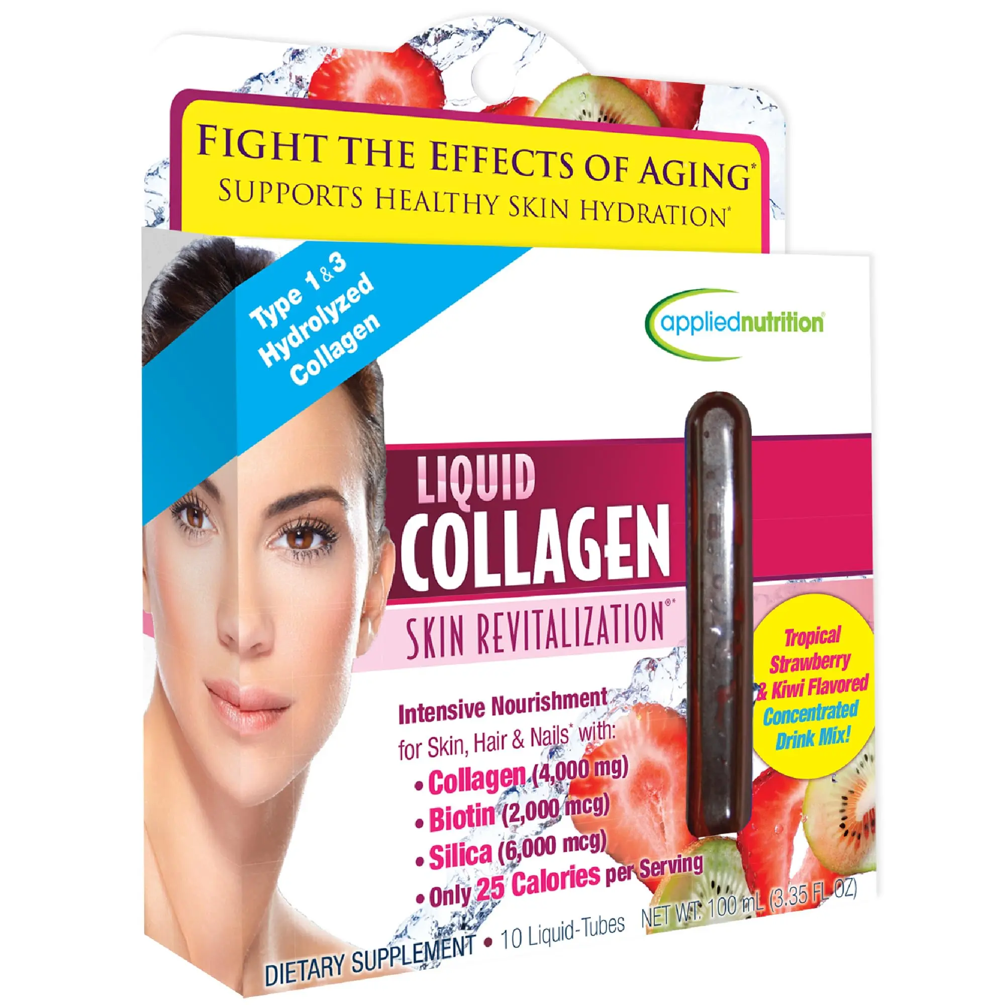 Liquid Collagen Skin Revitalization - 10 Liquid Tubes - Collagen, Biotin & Silica - Tropical Strawberry & Kiwi Flavor - 10 Servings