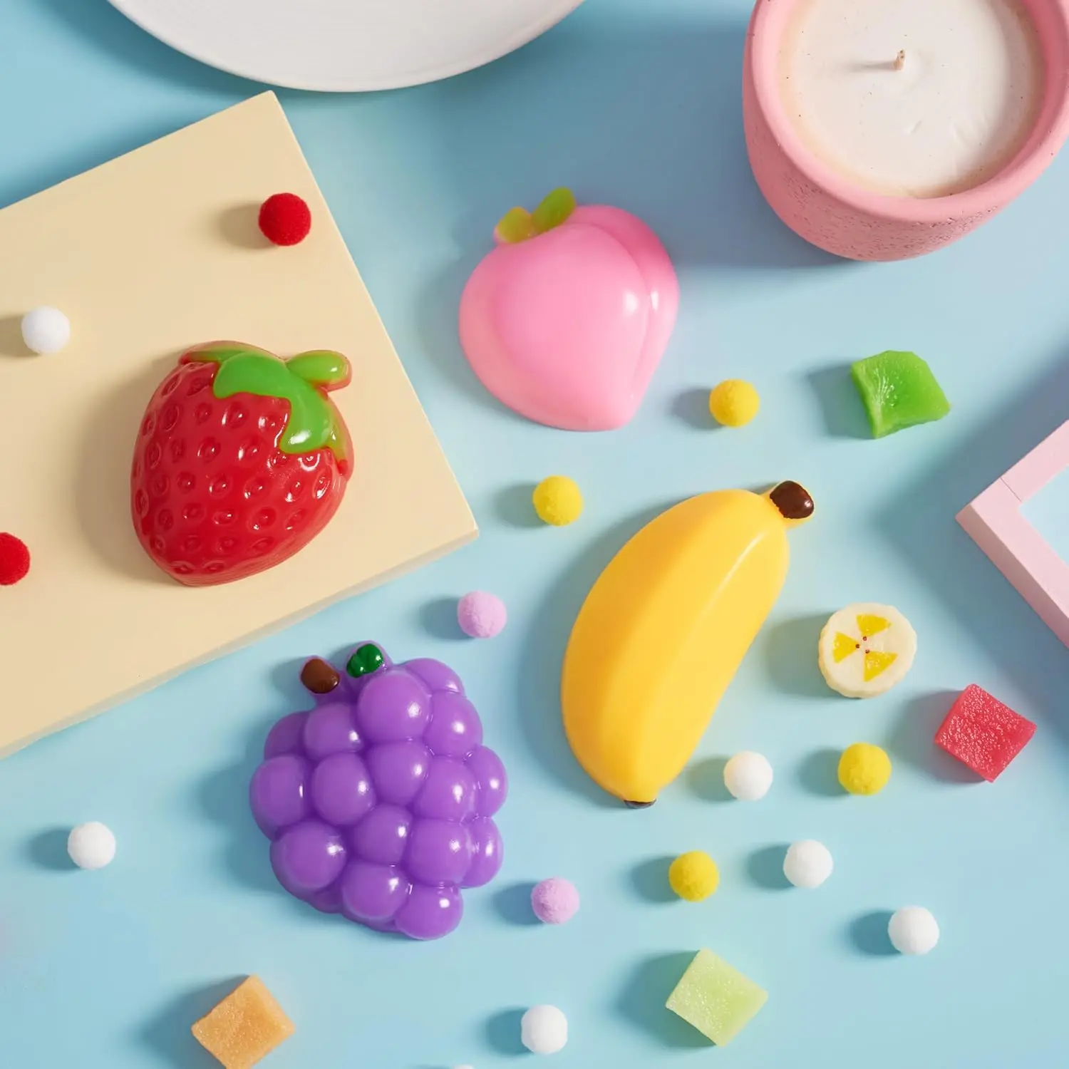 4 Pcs Fruit  Squishy Toys, Soft Squeeze Fidgets, Banana, Grape, Strawberry, Peach Fufu Squishy Toys, Cute  Squishy Toys for Kids, Party Favors & Gifts