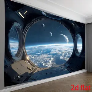 1PC,2D Flat Aesthetic Tapestry with Spaceship Window Earth & Space Scene, Decorative Backdrop for Bedroom Dorm, Sci - fi Room Decoration Tapestry, Photography & Live - streaming Background Cloth