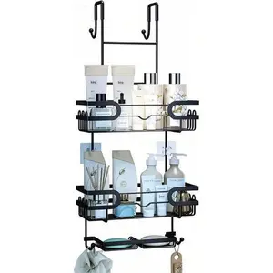 Hanging Shower Organizer With 16 Hooks, Over The Door Bathroom Storage, No Drilling Shower Caddy With Double Soap Holder, Space Saving Bathroom Essentials, Black Adjustable Durable Design