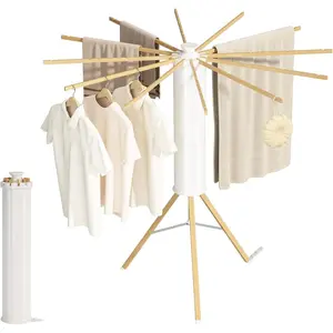 Clothes Drying Rack, Portable Drying Rack, Portable and Foldable Space Saving Drying Rack,12 Expandable Rods,Wooden, Collapsible Drying Rack for Camping, Balcony, Bedroom and Laundry Room.