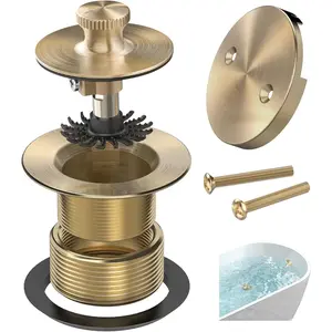 Champagne Brushed Gold Bronze Bathtub Drain, Hair Catcher and 2-Hole Overflow Faceplate, 11.5/16 UNC, Lift and Turn Bathtub Drain Replacement, Tub Drain Stopper