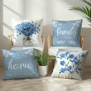 4pcs Set, Single-Sided Printed Pillowcases, Light Blue Floral Illustration Pillowcases, 44.96 X 44.96 cm, Home Decor Pillowcases Suitable for Living Room Sofa and Bedroom, Pillow Inserts Not Included
