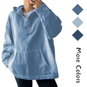 Women's Half Zip Denim Hoodie Pullover Sweatshirt Jean Jacket with Pocket