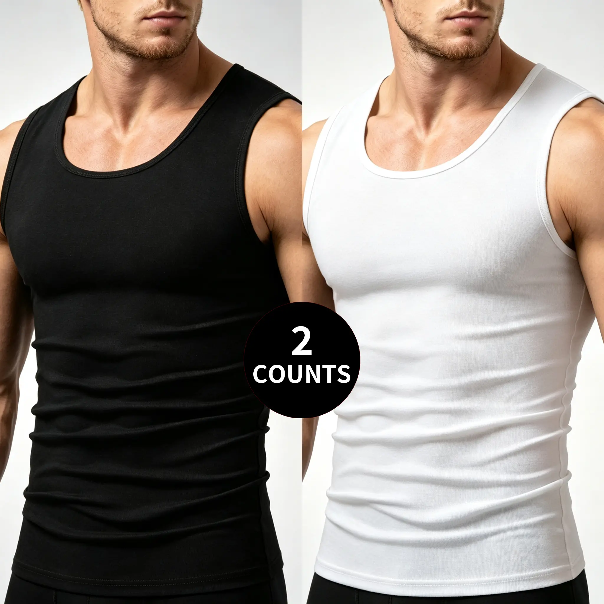 Men’s 2-Pack Basic Sleeveless Cotton Blend White Tank Top, Breathable Athletic Cut Short Undershirt for Daily Workout, Gym#SohoChic