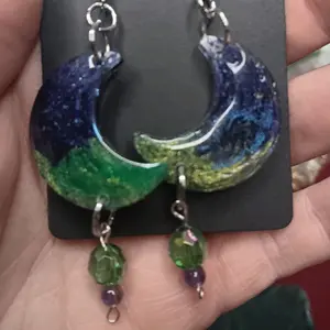 Handmade Purple and Green Resin Earrings - Green and Purple Wire Wrapped Dangling Beads Celestial Witchy Style Hypoallergenic Hooks Lightweight Comfortable Design Perfect for All-Day Wear TikTokShopFinds MoonEarrings