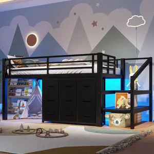 Twin Low Loft Bed with Multi-Storage Spaces, Including Fabric Drawers, Fabric Shelves Beside the Bed, Storage Stairs, Metal Loft Bed with Lights and Ample Under-bed Spaces, Black
