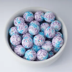 Blue and Purple Swirl Silicone Beads Printed Round Silicone Beads