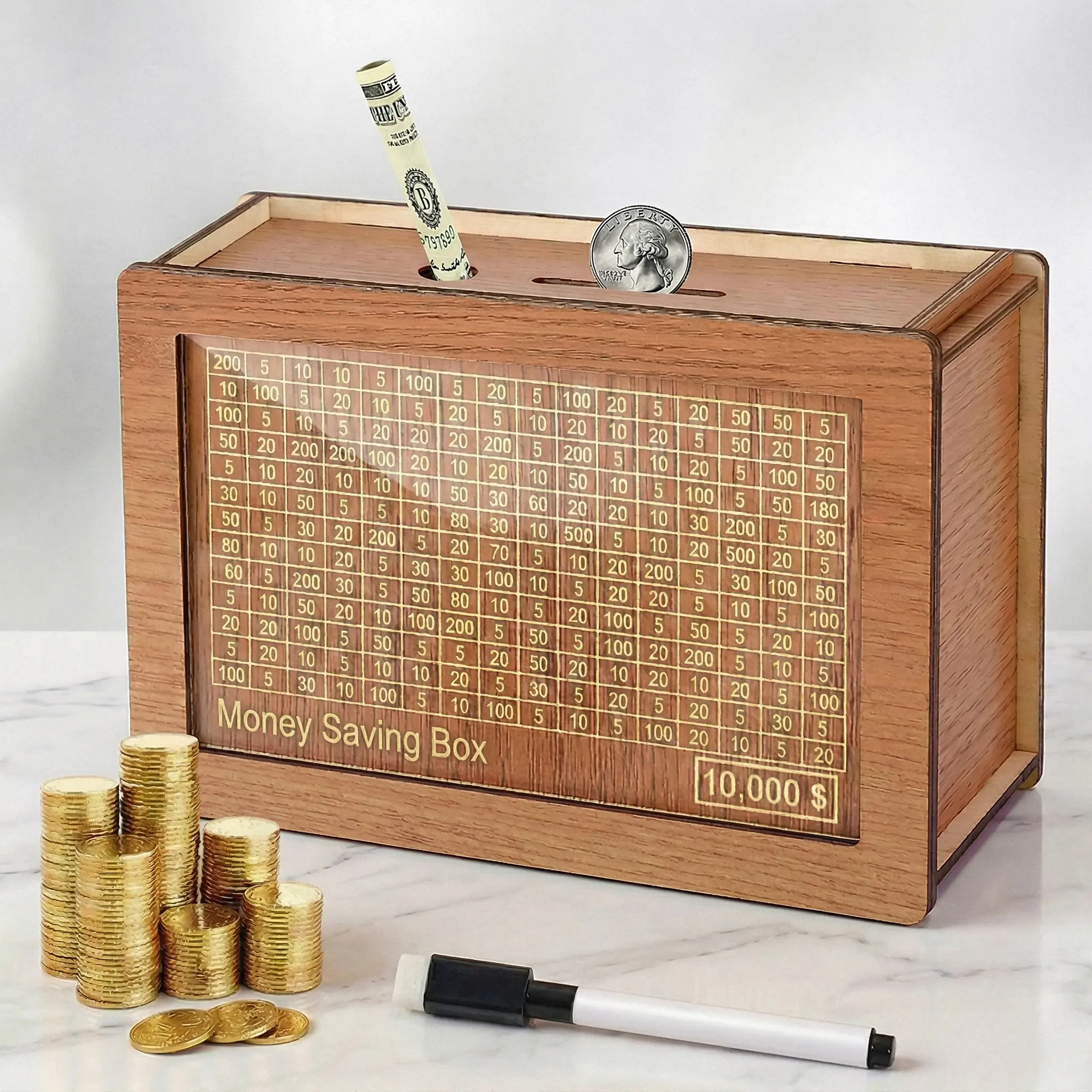 Wooden Savings Challenge Box for Kids & Adults – Reusable $10,000 Money Saving Box with Progress Tracker & Secure Cash Storage, Educational Piggy Bank Gift for Boys and Girls