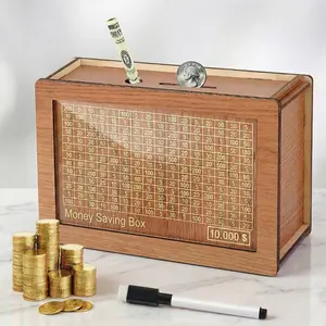 Wooden Savings Challenge Box for Kids & Adults – Reusable $10,000 Money Saving Box with Progress Tracker & Secure Cash Storage, Educational Piggy Bank Gift for Boys and Girls