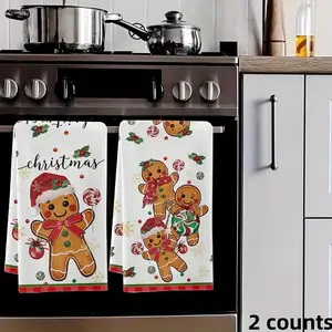 2 Counts Christmas gingerbread man and lollipop patterned kitchen towel - ultra soft, highly absorbent microfiber dishwashing cloth, suitable for holiday decoration and home use