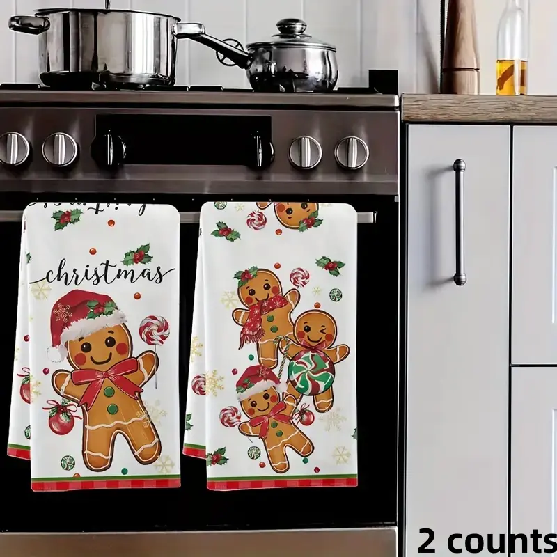 2 Counts Christmas gingerbread man and lollipop patterned kitchen towel - ultra soft, highly absorbent microfiber dishwashing cloth, suitable for holiday decoration and home use