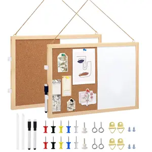 2-Pack 12x16 Inch Bulletin Board, Corkboard & Whiteboard Combo, Pure Corkboard, Natural Wood Frame, Pins, Hanging Rope, Office, School, Home Use