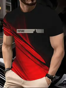 Men's Casual Short Sleeve T-Shirt, 3D Digital Print, Round Neck, Polyester Knit Fabric, Slight Stretch, Summer Outdoor Activities