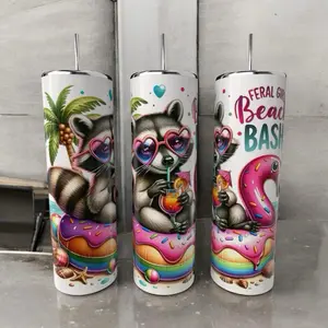 Feral Girl Beach Bash Tumbler with Adorable Raccoon Design and Donut Theme for Fun Beach Drinks