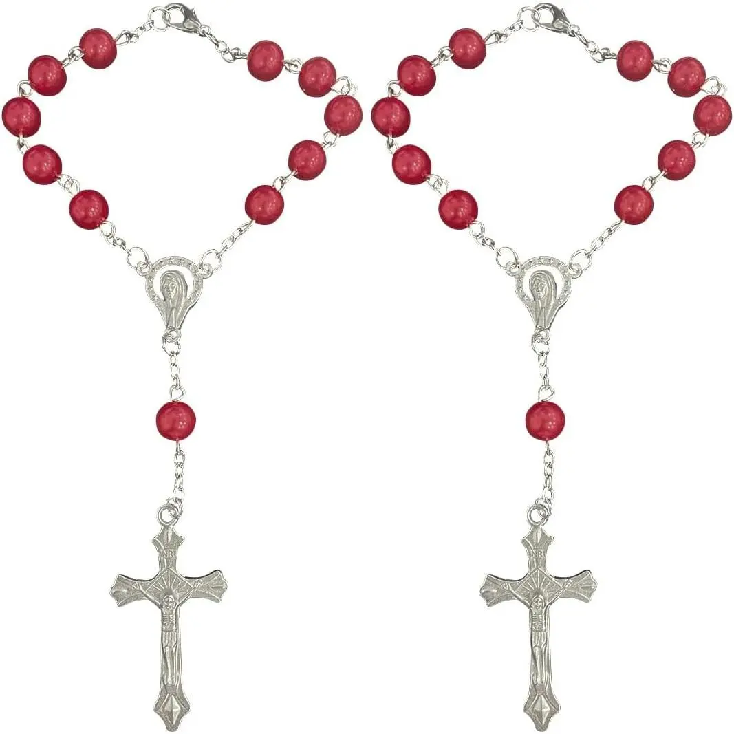 2PCS Car Rosary for Rearview Mirror, Red Rosary Pendant Car Interior Rear View Mirror Charm Auto Decors, Car Medal and Cross Personalized Hanging Accessories for Women Men (Red)