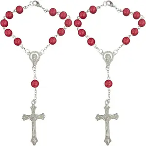 2PCS Car Rosary for Rearview Mirror, Red Rosary Pendant Car Interior Rear View Mirror Charm Auto Decors, Car Medal and Cross Personalized Hanging Accessories for Women Men (Red)