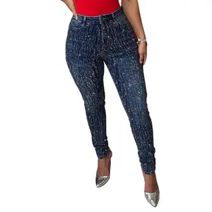 Natali Collection - Dark Wash Line SKINNY - Denim Full Rhinestone Jeans Blue High Waisted Design Womenswear Bottom Pants Trouser Style Aesthetic Everyday