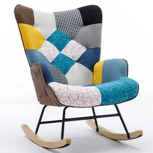 Modern Patchwork Accent Chair with Solid Wood Armrest and Feet, Mid-Century Modern Accent Sofa, Fabric Sofa Chair for Living Room Bedroom Studio, Comfy Side Armchair for Bed (blue) Rocking Chair with Pocket,Comfy Wingback Glider Rocker