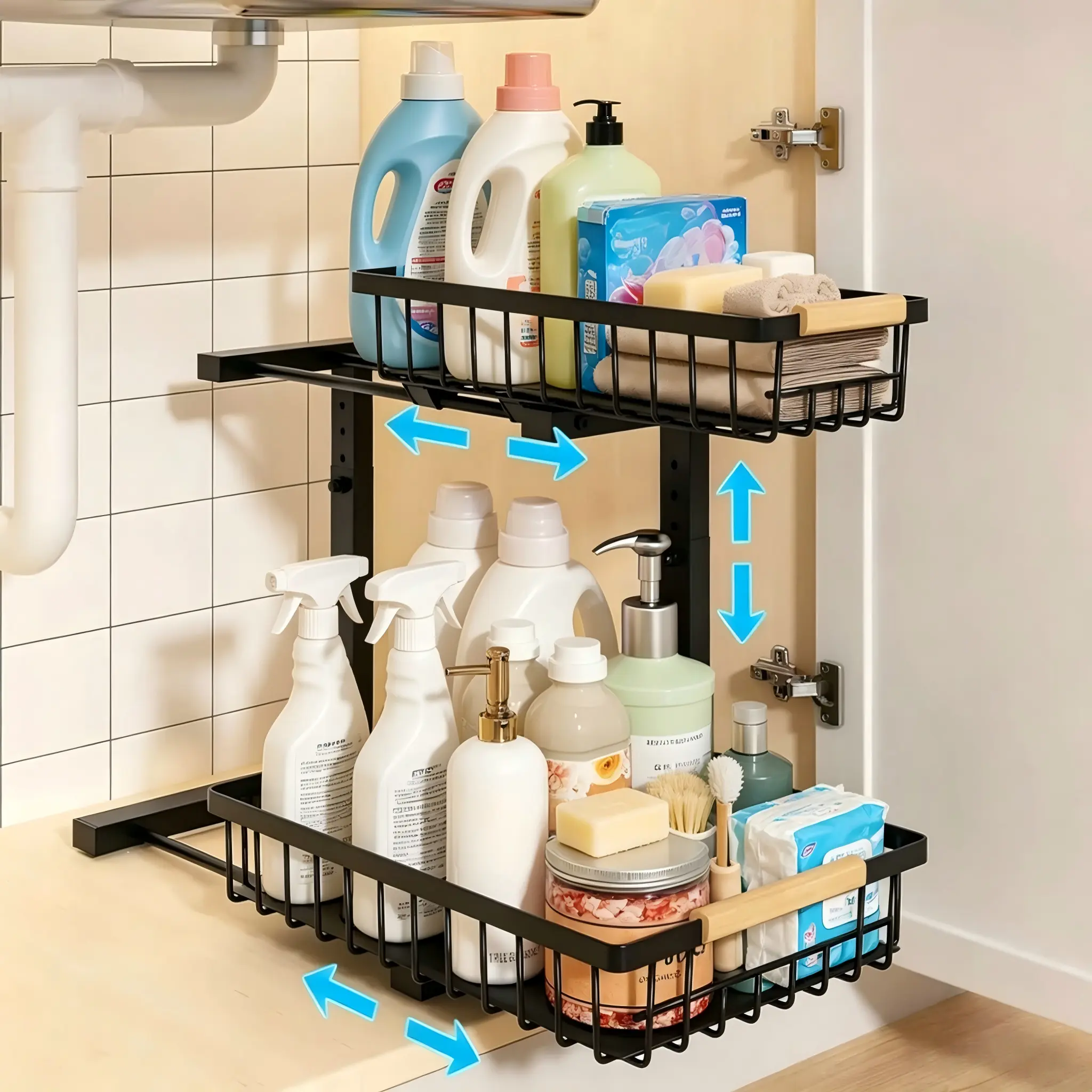 LOVEWE 2-Tier Modern Slide-Out Under Sink Organizer, Metal Sliding Drawer Storage Rack for Indoor Use, Space-Organizing Solution for Kitchen & Bathroom