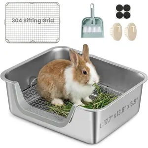 Litter Box,  Bunny Litter Box with 304 Stainless Steel Sifting Grid, Safe Plastic-Covered Entry Edge & Hooks, Easy to Clean and Odor Control (Large)