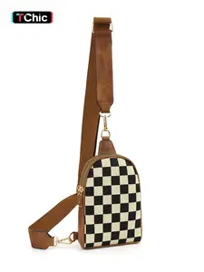Checkered Pattern Fanny Pack, Checkered Bum Bag, Fashionable PU Leather Sling Bag for Women, Casual Versatile Zipper Crossbody Purse with Detachable Strap for Travel & Daily