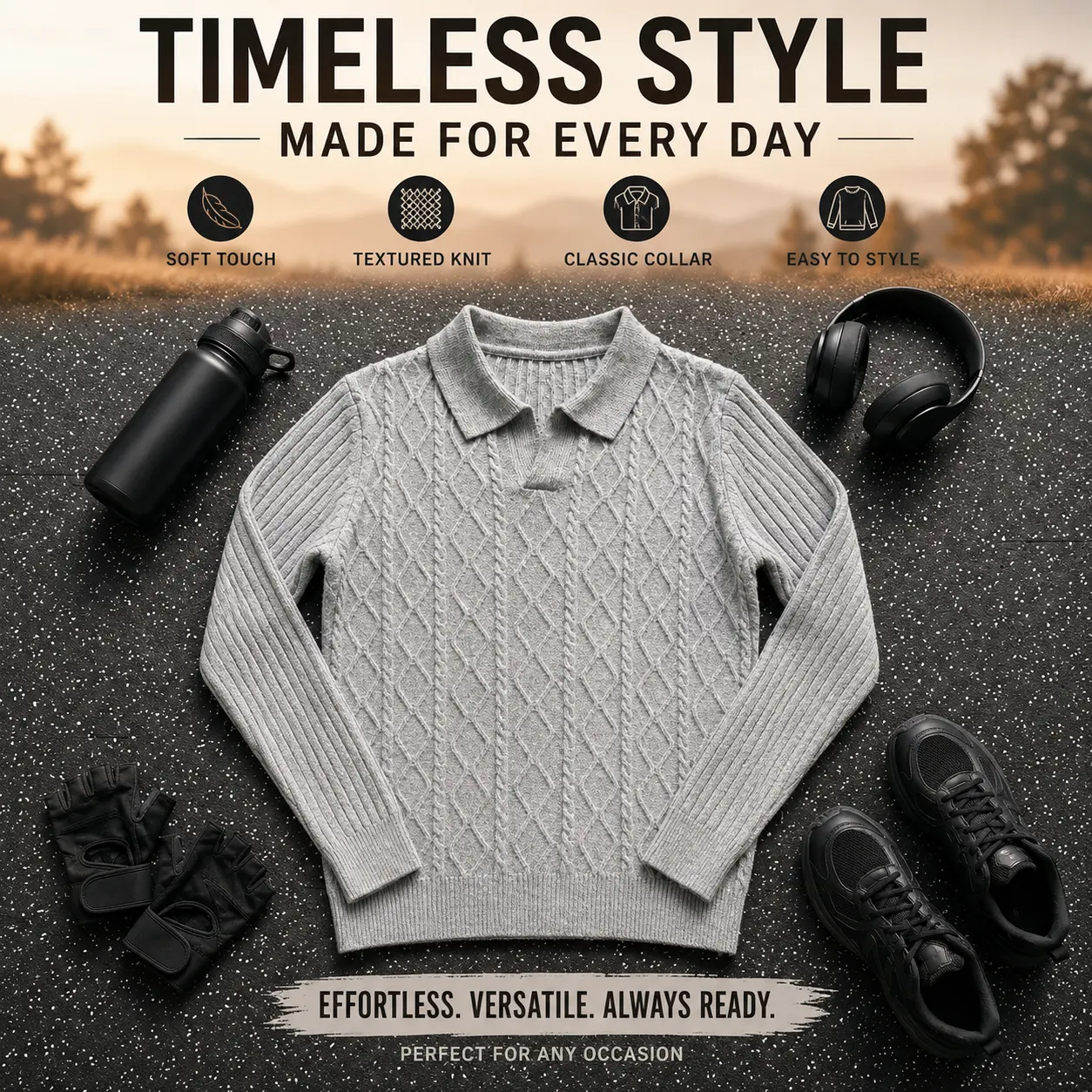 Men’s cable-knit polo sweater, long-sleeve collared pullover, textured knit casual sweater for fall & winter, classic everyday style
