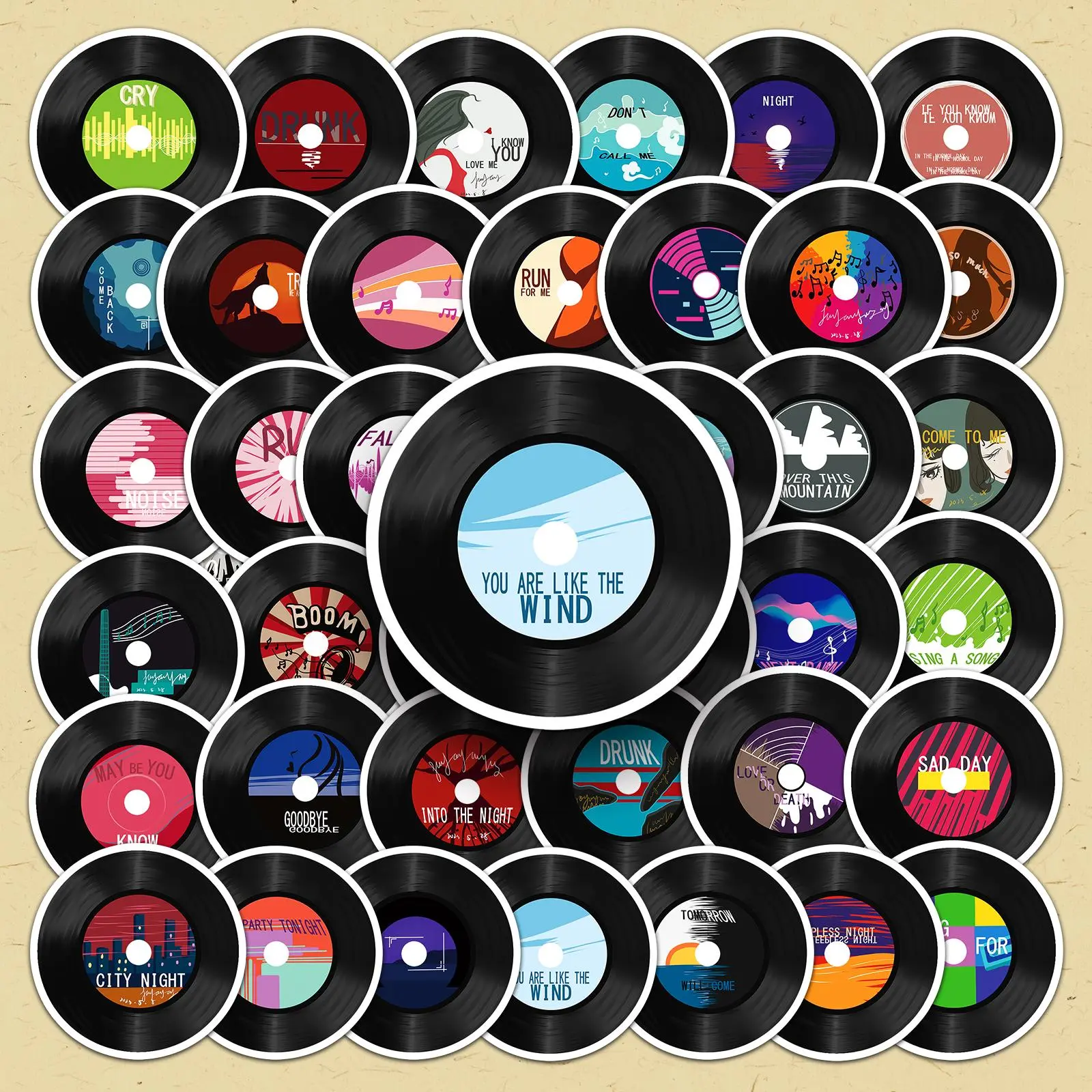 Vinyl Record Pattern Sticker, 50pcs/set Creative DIY Decorative Sticker, DIY Decals for Water Bottle, Laptop, Phone Case, Scrapbooking, Journal Making, Stickers for Scrapbooking