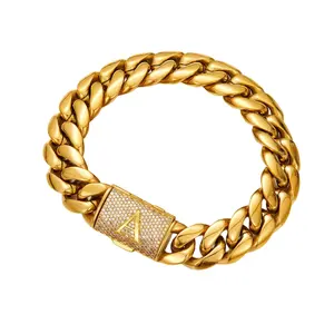 Personalized Initial Cuban Link Bracelet for Men GoldColor 14mm 7.5/8.5in Durable Alloy Chain with Laser Letters A-Z HipHop Jewelry Gift