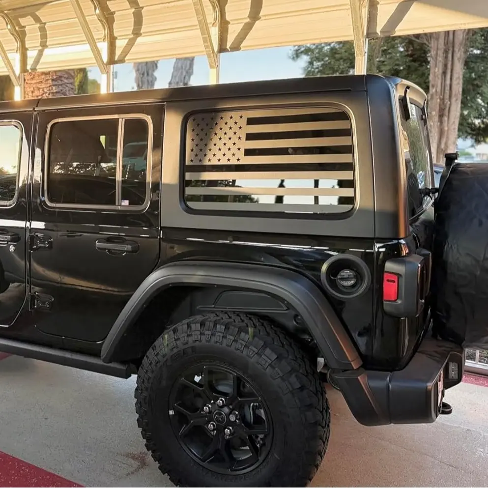 Matte Black Rear Window Decal for Jeep Wrangler JL JLU 2018-2025, Custom Fit Factory-Fit Size USA Flag Vinyl Sticker, 4-Door Hardtop Patriotic Car Exterior Accessory