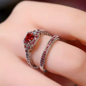 Set of 2 Red Crystal Rings for Women, Vintage Silver Engagement and Wedding Jewelry with Cubic Zirconia, Romantic Gift for Her