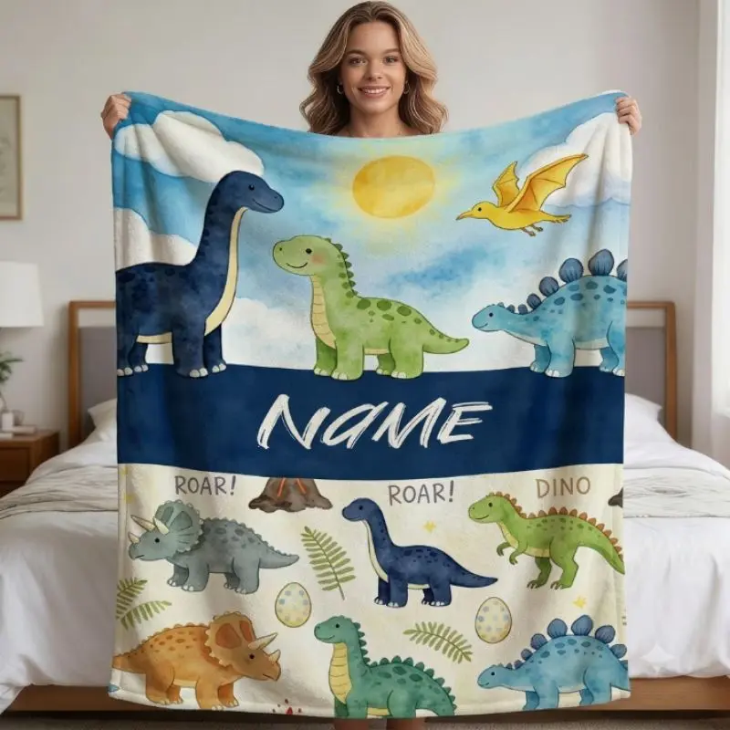 Customizable Cartoon Dinosaur Blanket with Name (1 Piece) | Made from soft flannel, this blanket is suitable for all seasons. Featuring a fun design and a cozy feel, it makes an ideal gift for friends and family. Lightweight and versatile, it is perfect f