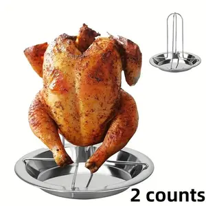 Stainless Steel Non-Stick Foldable Roasting Stand, Multipurpose BBQ Chicken Holder with Drip Pan, Durable Chicken Roaster Rack for Grill and Oven