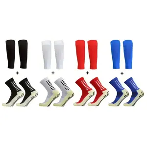 Men’s Soccer Grip Socks with Shin Guard Sleeves Set, Non Slip Athletic Football Socks for Men and Women, Breathable Cushioned Sports Socks with Calf Support for Soccer Basketball Running Training, Anti Slip Silicone Grip Performance Socks