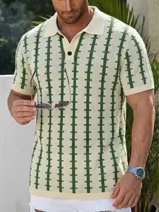 Men's Vintage Loose Fit Short Sleeve Knit Top, Colorblock Striped Polo Neck, High Street Casual Daily Wear, Spring Summer Essential, Menswear