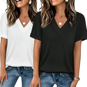2026 Fashionable Summer Women'S Short-Sleeve Basic Casual V-Neck T-Shirt, Solid Color, Loose/Casual Fit, Basic Style，Style & Co Tops For Women,summervibes