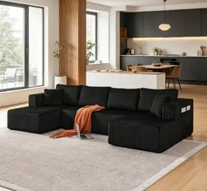 132" U-Shaped Modular Sectional Sleeper Sofa - Modern Minimalist Corduroy Memory Foam Cloud Couch with Side Pockets, No-Assembly Comfy Living Room Furniture