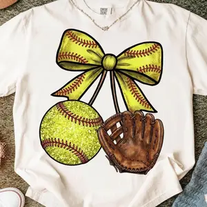 Preppy Softball Bow and Glove Tshirt Sweatershirt, Softball Coquette Bow Shirt, Trendy Glitter Softball Mom Outfits