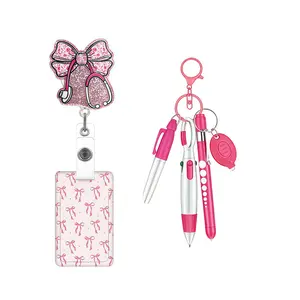 Stethoscope Badge Clip Set, Nurse Badge Reel, Bow Print Card, Fluorescent Pen Eld Light, Transparent Removable Card Holder, Cute Design Office Supplies for Office Nurses Doctors