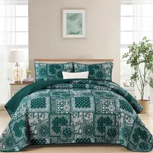 King Set 3 Pieces,Emerald Green Patchwork Set,Boho Farmhouse Bedspread Soft Microfiber Bedding Set 110"x90"